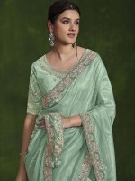 Aqua Green Crush Paper Silk Saree With Stitched Blouse